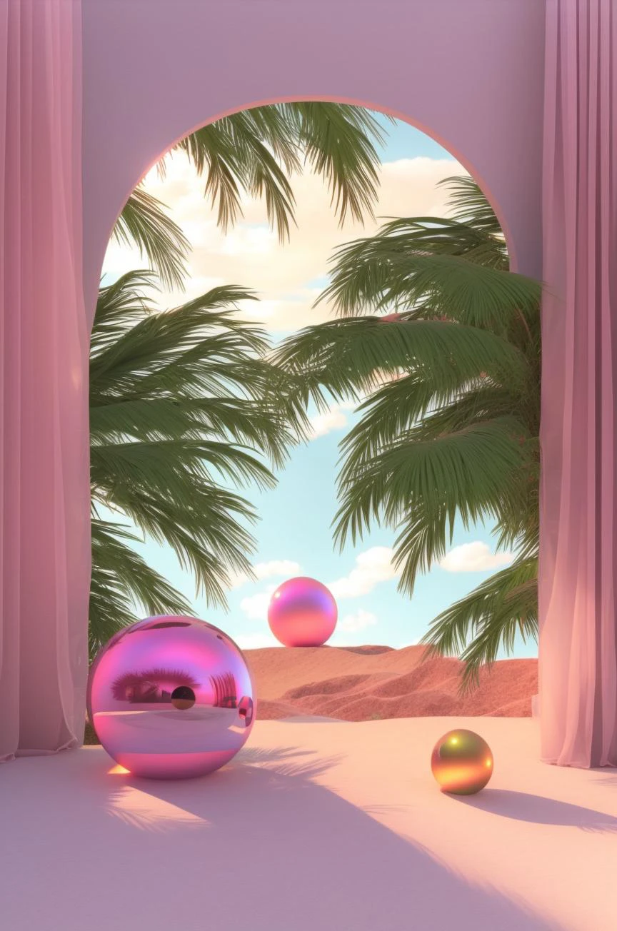 a person sitting on a floor in a room with a palm tree and a chair in the background and a round window with a pink curtain , Beeple, redshift render, a raytraced image, global illumination, a 3D render, volumetric light, photorealism