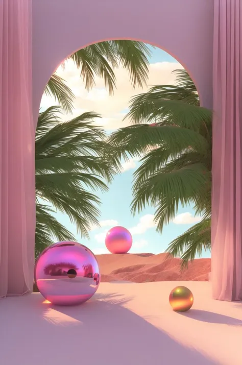 a person sitting on a floor in a room with a palm tree and a chair in the background and a round window with a pink curtain , Beeple, redshift render, a raytraced image, global illumination, a 3D render,  volumetric light, photorealism