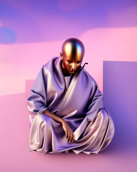 a man in a pink shirt is holding a silver object in his hands and sitting on a roof with a sword in his hand and a pink body painted body, Beeple, c4d, a raytraced image, hypermodernism , Beeple, redshift render, a raytraced image, global illumination, a 3D render, volumetric light, photorealism, vaporwave