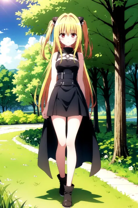 yami , , day, outside, sun, trees, blonde_hair, red eyes, full_body , lake ,hair ornaments.