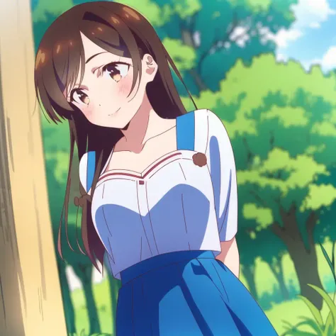 (masterpiece), (best quality), <lora:Rent_a_Girlfriend:1>, chizuru_ichinose, 1girl, solo, long_hair, blush, smile, skirt, brown_hair, dress, brown_eyes, collarbone, braid, outdoors, tree, blue_skirt, one_side_up, arms_behind_back