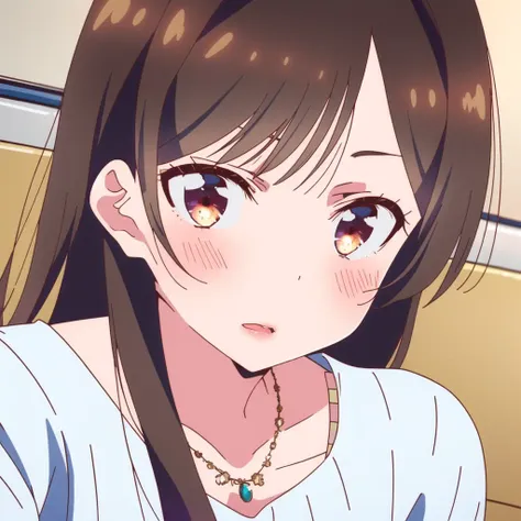 (masterpiece), (best quality),  <lora:Rent_a_Girlfriend:1>, chizuru_ichinose, 1girl, solo, long_hair, looking_at_viewer, blush, open_mouth, bangs, simple_background, brown_hair, brown_eyes, jewelry, collarbone, upper_body, parted_lips, necklace, sweater, ribbed_sweater