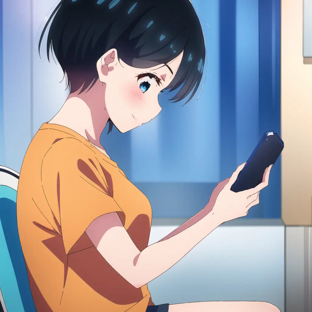 (masterpiece), (best quality), <lora:Rent_a_Girlfriend:1>, ruka_sarashina, 1girl, solo, blush, smile, short_hair, blue_eyes, shirt, black_hair, holding, sitting, closed_mouth, upper_body, indoors, blurry, from_side, profile, blurry_background, phone, cellphone, t-shirt, smartphone, holding_phone, orange_shirt, looking_at_phone
