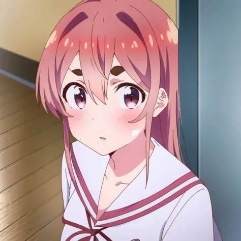 (masterpiece), (best quality),  <lora:Rent_a_Girlfriend:1>, sumi_sakurasawa, 1girl, solo, long_hair, looking_at_viewer, blush, bangs, red_eyes, bow, hair_between_eyes, school_uniform, collarbone, upper_body, braid, hair_bow, red_hair, parted_lips, serafuku, sailor_collar, thick_eyebrows, white_bow, white_sailor_collar, wooden_floor