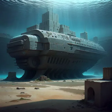 <lora:BrutalistTech-20:1>,brutaltech, cement, scifi,
submarine, under red sea