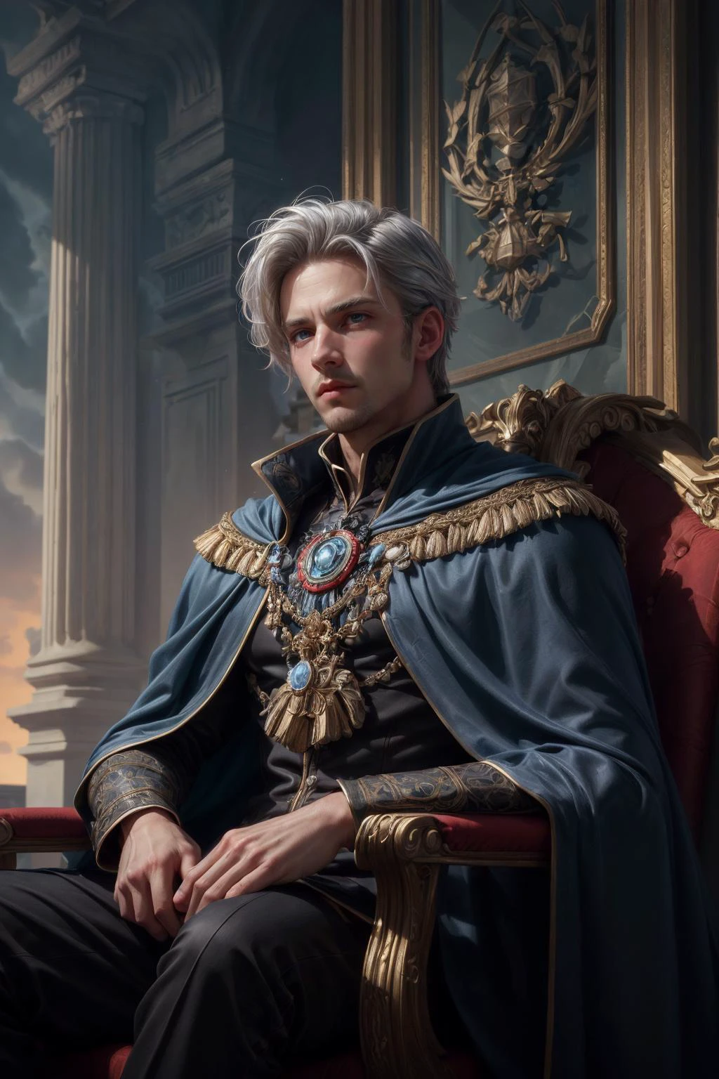 (masterpiece, best quality:1.4), (beautiful, aesthetic, perfect, delicate, intricate:1.2), <lora:more_details:0.75>, <lora:sharpen-soften:-0.25>, <lora:realistic:0.25>,
(1man, masculine adult french male:1.2), blue eyes, silver hair, spiky hair,
portrait, focus on character, looking up, solo, half shot, detailed background, detailed face, (<lora:BrutalistTech:0.6>, brutaltech theme:1.1), royal imperial monarch, sitting on throne, stoic expression, deck of royal ocean ship background, symmetrical composition, sidelighting, cinematic atmosphere, long dark blue cape, jewels, regalia,