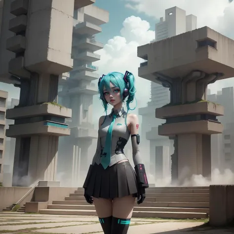 <lora:BrutalistTech-20:0.8>,brutaltech, cement, scifi,
1girl, standing, hatsune miku, detailed eyes , solo focus,