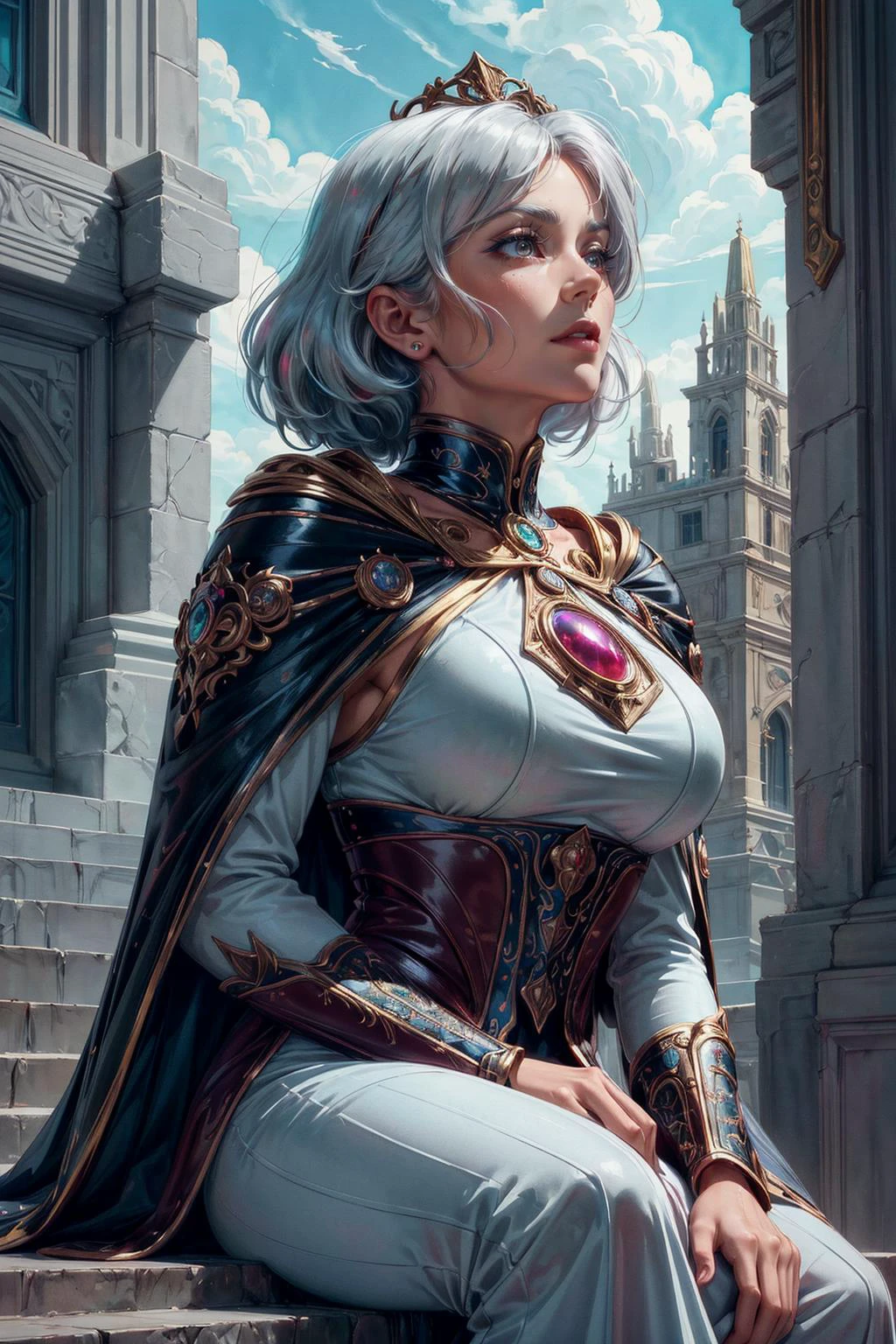 (Art deco style, geometric shapes, bold colors, luxurious, elegant, decorative, symmetrical, ornate, detailed,:1.1), soft lighting, fantastic colorful, (masterpiece:1.2), ultra-detailed, (best quality), illustration, <lora:tangbohu-detailer_1.0:1>, <lora:sharpen-soften:-0.5>, <lora:realistic:0.1>, <lora:kittew_v0.1:0.4>,
(1man, old russian male:1.2), wise, ruby eyes, silver hair, fade with sideburns,
portrait, focus on character, looking up, solo, upper body, detailed background, detailed face, (<lora:BrutalistTech:0.6>, scifi, brutaltech theme:1.1), royal monarch, floating particles, rose petals, sitting on stairs, soft smile, palace terrace background, overlooking mountain, symmetrical composition, sidelighting, cinematic atmosphere, shadows, royal tiara, long light brown cape,
__