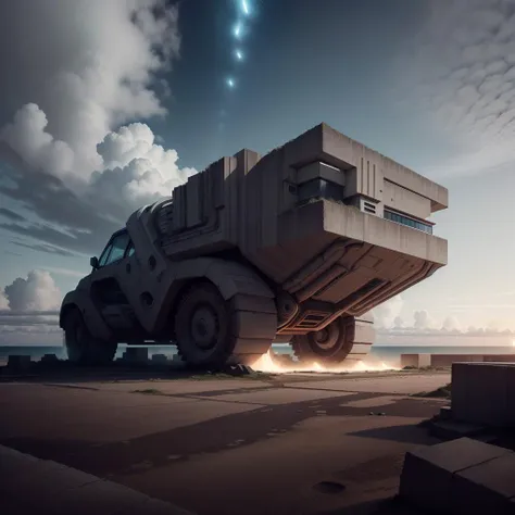 <lora:BrutalistTech-20:0.8>,brutaltech, cement, scifi,
as a car, glowing , wind trail, ocean view,