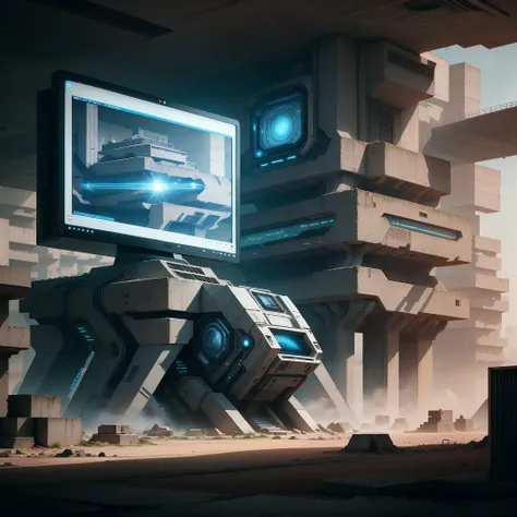 <lora:BrutalistTech-20:0.8>,brutaltech, cement, scifi,
computer ,screen,holographic interface,