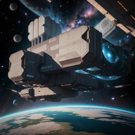 <lora:BrutalistTech-20:0.8>,brutaltech, cement, scifi,
spacecraft, in space, earth \(planet\),