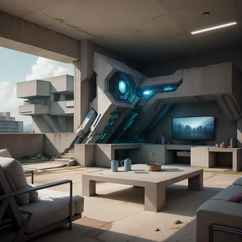 <lora:BrutalistTech-20:0.8>,brutaltech, cement, scifi,
living room,