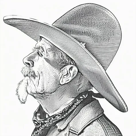 lineart of old cowboy,  <lora:GazsHedCut1.1:1>
ControlNet: "preprocessor: lineart_realistic, model: control_v11p_sd15_lineart [43d4be0d], weight: 1, starting/ending: (0, 1), resize mode: Crop and Resize, pixel perfect: False, control mode: Balanced, preprocessor params: (512, 64, 64)"