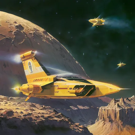 ((clean lines)), ((realistic)), ((painting)), <lora:RetroSpaceships:0.8>, ((engine exhaust)), spaceship, ((organic design)), ((yellow hull)), flying through space, flying over lunar surface, ((realistic)), ((DSLR)), (Cinematic anime screencap,limited palette, :1.3),  (best quality), (Analog Style) of a (futuristic spaceship :1.3) , (80s style:1.2), 1980, (retro:1.2), dramatic,  , ((symmetrical)), , 8k, volumetric lighting, deep shadows, photorealistic, no humans,vehicle focus, unreal engin 5,octane render,(2D:1.2), ((limited palette)), flat color, digital painting, artstation, concept art, smooth, sharp focus,, (oil painting:1.16),(acrylic paint:1.16),(dreamlikeart:1.0),(__Hyperrealism:1.3),(__Photorealism:1.3),(Colorful:1.3),((retrofuturism)),(science fiction), by Clarence Holbrook CArter,by Ed Emshwiller,CGSociety,