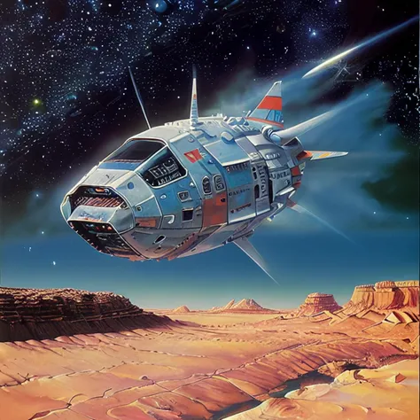 ((ringworld design)), painting, ((clean lines)), <lora:RetroSpaceships:0.8>, ((organic design, box design, sharp angles)), ((symmetry)), ((extrusions)), ((engine exhaust)), ((desaturated)), spaceship, ((blue hull)), (((flying over lunar landscape))), ((realistic)), (Cinematic anime screencap,limited palette, :1.3),  (best quality), (70s style:1.2), 1970, (retro:1.2), dramatic, 8k, deep shadows, photorealistic, no humans,vehicle focus,((limited palette)), flat color, (oil painting:1.16),(acrylic paint:1.16),((retrofuturism)),(science fiction), by ((Peter Elson)), ((Bruce Pennington))