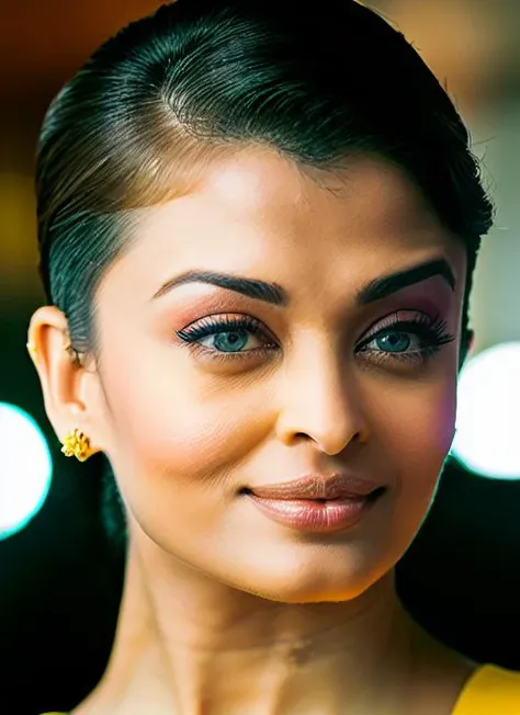 portrait of Aishwarya Rai, ecstatic , wearing haute couture garments , with yellow Shag haircut, background pagoda, epic (photo, studio lighting, hard light, sony a7, 50 mm, matte skin, pores, colors, hyperdetailed, hyperrealistic), <lyco:Aishwarya Rai:1.1>