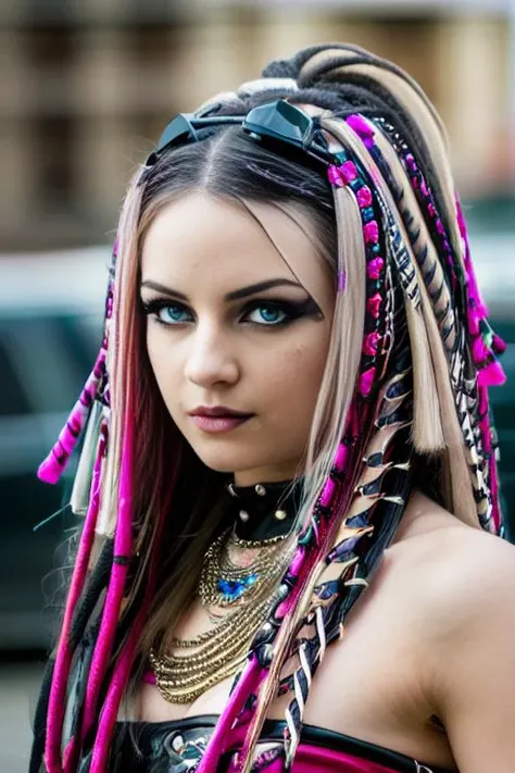 (Ring), dynamic posing, from side BREAK, <lora:cybergoth-fC_v1.0:0.7> cybergoth hunky 22yo ((tarpunk/punk/post-apo)) 1girl BREAK ((photorealistic), realistic face), medium breasts, beautifully detailed woman, realistic face, detailed mouth, extremely detailed eyes_and_face, beautiful attractive face, beautiful detailed eyes, (photorealistic), pronounced feminine feature, matte eyeshadow, eyelashes, eyeliner, perfect thin body, smooth skin, dynamic posing, toned body, flat belly, BREAK color HD photo, F 2.8 lens, (full-body shot, high quality photo, masterpiece), HDR, 8K resolution, analogue RAW DSLR, best quality, absurdres, vivid vibrant colors, skin pores, intricate detail, (intricately detailed face_and_eyes), realistic human hands, sophisticated detail, (realistic lighting, sharp focus), centerfold, bokeh, official art, 8k wallpaper, ultra high res, professional photography