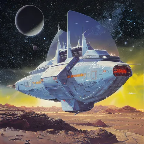 ((ringworld in background)), painting, ((clean lines)), <lora:RetroSpaceships:0.8>, ((spherical design, box design)), ((symmetry)), ((sleek design)), ((extrusions)), ((engine exhaust)), ((desaturated)), spaceship, ((blue hull)), (((flying over lunar landscape))), ((realistic)), (Cinematic anime screencap,limited palette, :1.3),  (best quality), (70s style:1.2), 1970, (retro:1.2), dramatic, 8k, deep shadows, photorealistic, no humans,vehicle focus,((limited palette)), flat color, (oil painting:1.16),(acrylic paint:1.16),((retrofuturism)),(science fiction), by ((Peter Elson)), ((Bruce Pennington))