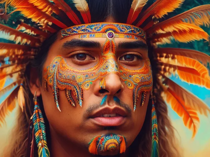 an extremely psychedelic photo portrait of native American, surreal, lsd, face, detailed, intricate, elegant, lithe, highly detailed, digital painting, artstation, concept art, smooth, sharp focus, illustration