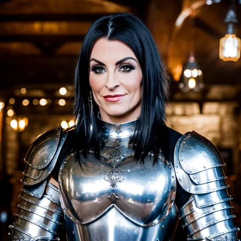photo of a woman in silver medieval plate armor, holding sword, detailed face, messy (((long))) flowing black hair, black sclera, (black lipstick:0.7), ((female bodybuilder)), (((tattoos))), shining ornate armour made of steel, intricate detail, ((cleavage)), wide angle, medieval tavern background, diffuse lighting, dim lit, warm lighting, people in background