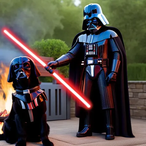 highly detailed photo of darth vader making a barbecue with a dog on his side at the part, full body shot, outside, ambient lighting, 8k resolution