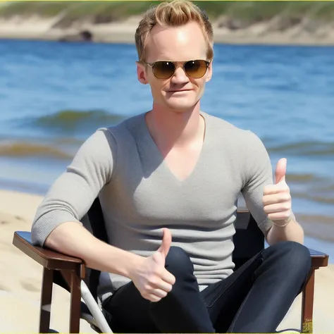 neil patrick harris ((both thumbs up)), sitting in a chair at the california beach
