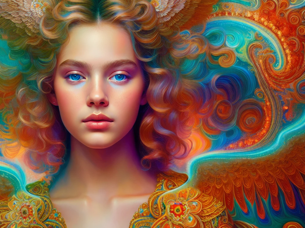 an extremely psychedelic portrait of angel, surreal, lsd, face, detailed, intricate, elegant, lithe, highly detailed, digital painting, artstation, concept art, smooth, sharp focus, illustration