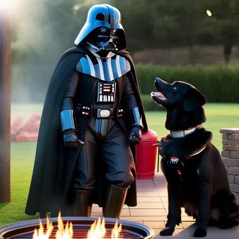 highly detailed photo of darth vader making a barbecue with a dog on his side at the part, full body shot, outside, ambient lighting, 8k resolution