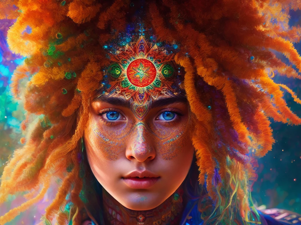 an extremely psychedelic photo portrait of shaman girl, surreal, lsd, face, blue eyes, detailed, intricate, elegant, lithe, highly detailed, digital painting, artstation, concept art, smooth, sharp focus, illustration
