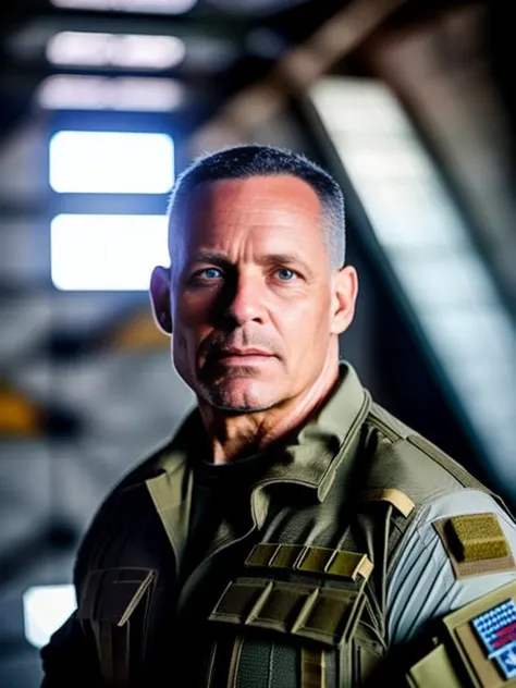 male looking to ceiling into god rays 40yo combat medic, combat armor, serious look,Brute, hdr,8k, steelworks factory