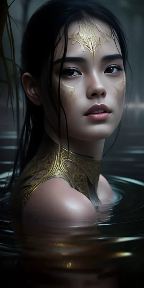 8k portrait of beautiful young woman face half submerged in a misty lake, intricate, elegant, highly detailed, majestic, digital photography, art by artgerm ruan jia and greg rutkowski surreal wet paint gold ribbons with filigree, broken glass