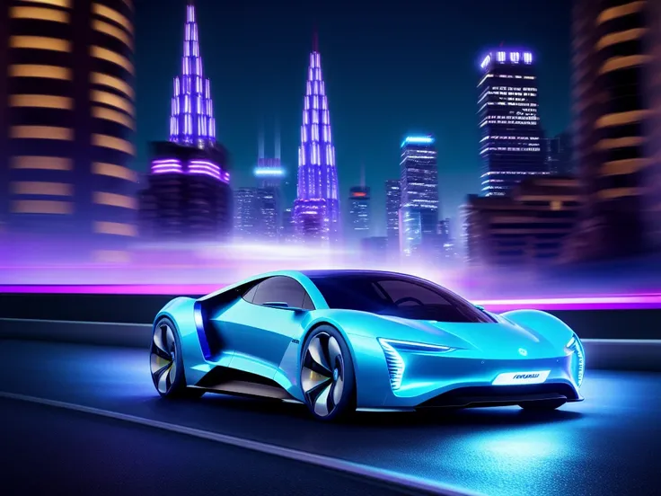 photo electric vehicle concept, on dynamic, racing in night city background.