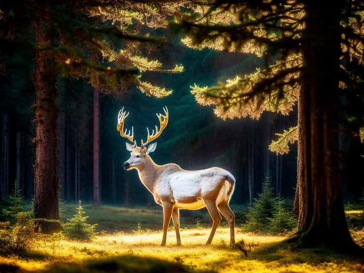 Enchanted forest with a big white deer with golden antlers, god rays, mist, morning, 8k, hdr, epic, high details,800mm, closeup