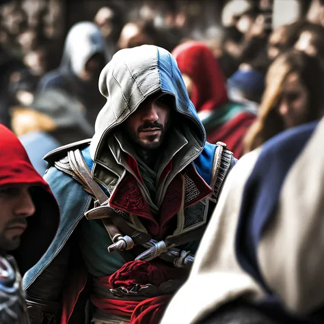 photo, assasin's creed in a crowd, highly detailed, award winning photo, paris 