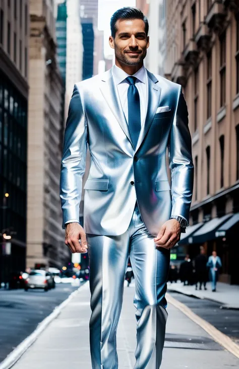 photorealistic, beautiful man standing (((full body))) in in shiny silver suit in New York City, vertical aspect ratio,