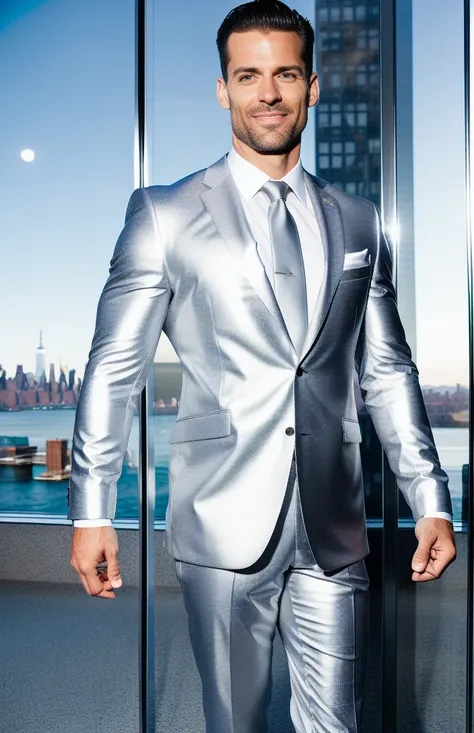 photorealistic, beautiful man standing (((full body))) in in shiny silver suit in New York City, vertical aspect ratio,