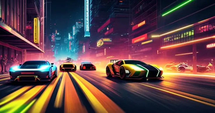 A street race between advanced, cyberpunk-themed futuristic vehicles. Fast-paced, energetic, digital illustration. atmospheric lighting, cinematic composition