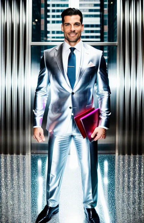 photorealistic, beautiful man standing (((full body))) in in shiny silver suit in New York City, vertical aspect ratio,