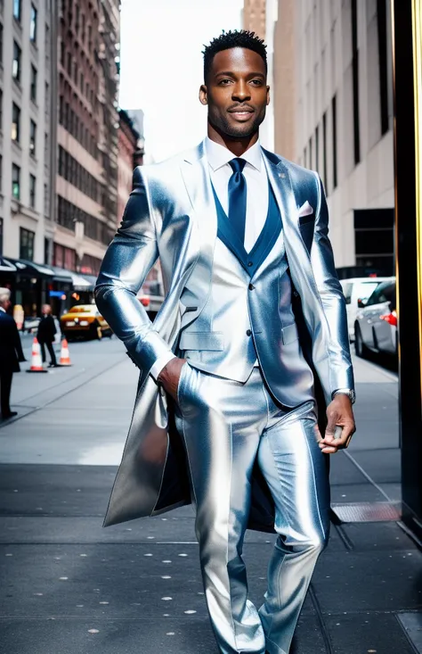 photorealistic, beautiful man standing (((full body))) in in shiny silver suit in New York City, vertical aspect ratio,