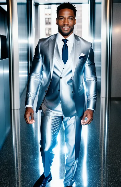 photorealistic, beautiful man standing (((full body))) in in shiny silver suit in New York City, vertical aspect ratio,