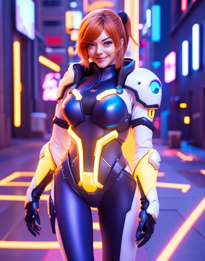 Classic overwatch screenshot, modelshoot style anime version of emma stone as Overwatch character, smiling looking at camera cinematic composition, shaders, rtx on, bright, futuristic neon city background, cinematic lighting, video game