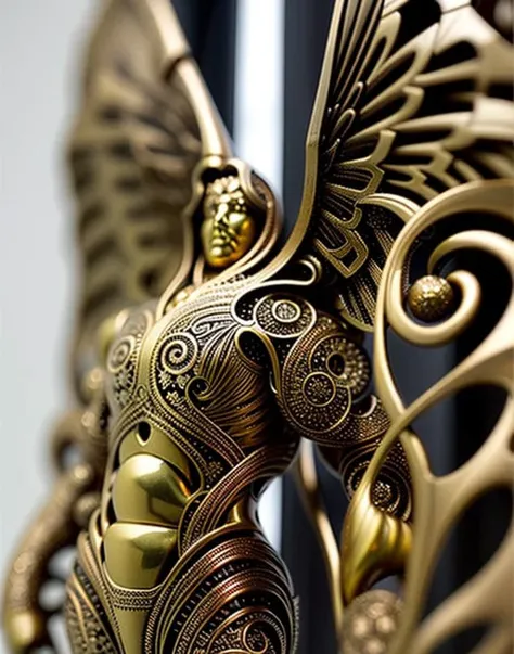 bronze age fractal warped hollow recursive  god statue  and hypercubes+ metallic wing  hyperrealistic macro photo by Wlop and Zdzislaw Beksinski smooth liquid details and fine filigree