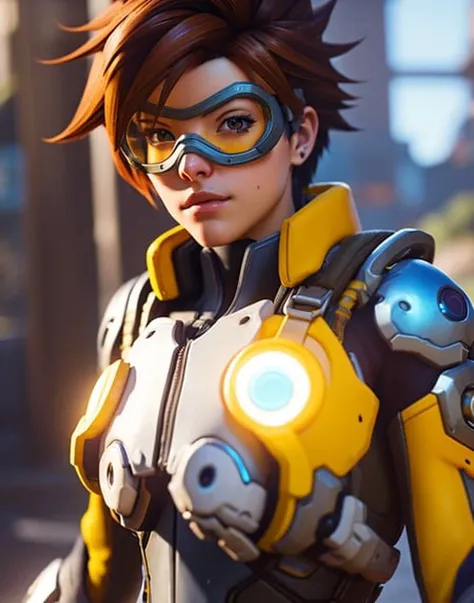 overwatch screenshot, tracer character wearing googles, cinematic composition, shaders, bright cinematic lighting, video game