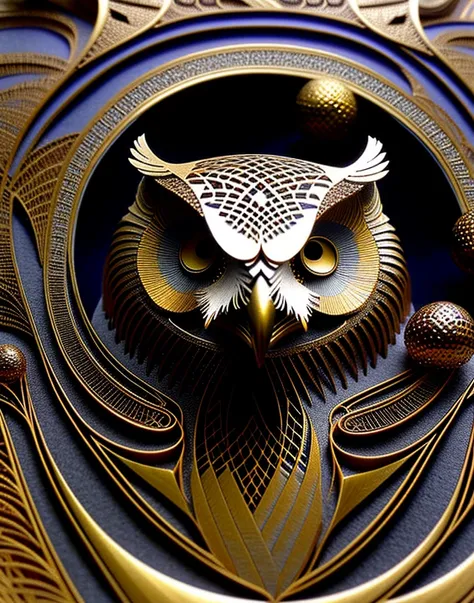 bronze age fractal warped hollow recursive owl and hypercubes+ metallic feather, hyperrealistic macro photo by Wlop and Zdzislaw Beksinski smooth liquid details and fine filigree