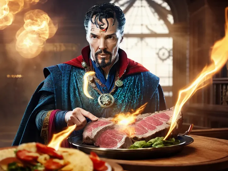 A photo of ((Doctor Strange )) cooking steak, dark background, studio light, photorealistic, hyperrealistic, 8K, natural colors