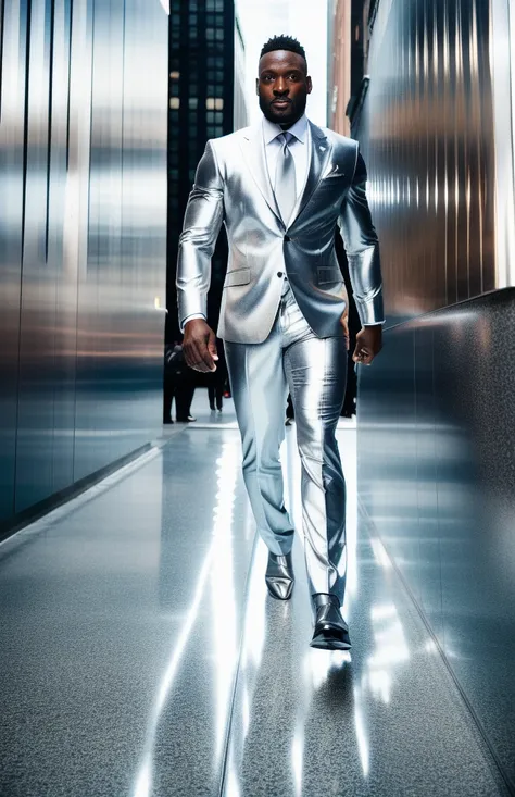 photorealistic, beautiful man standing (((full body))) in in shiny silver suit in New York City, vertical aspect ratio,