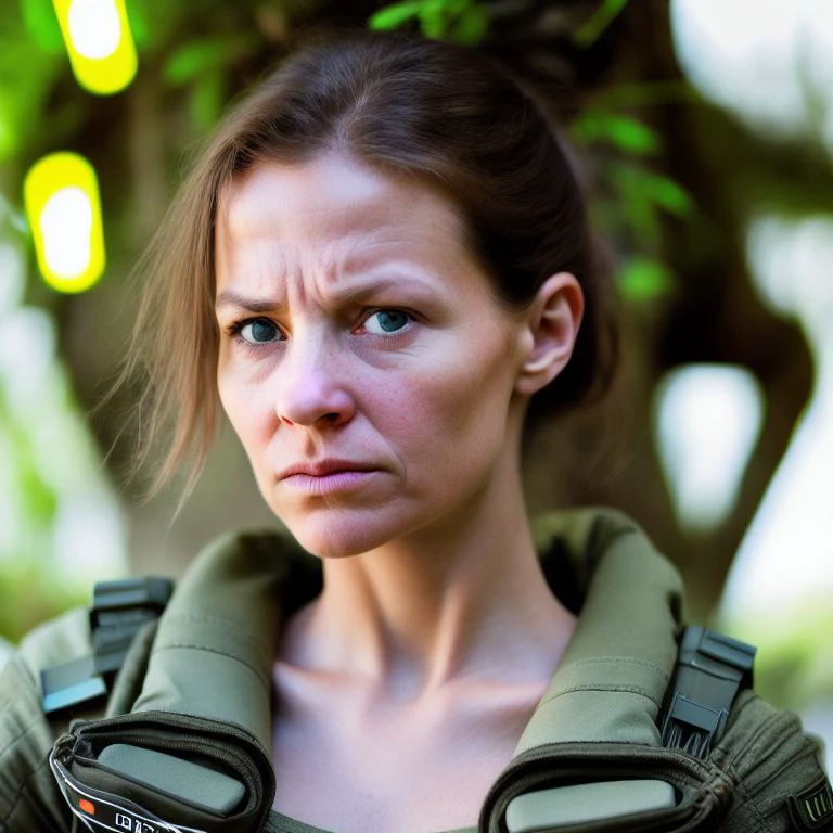 Create a photo-realistic portrait of a brave and resourceful woman as she uses her intelligence and cunning to outsmart the alien invaders. Use advanced photography and image editing techniques to perfectly capture her expression and posture, and incorporate elements of her surroundings or environment to add context and visual interest to the image. Make sure the image has high resolution and impeccable image quality to ensure a very realistic and dynamic appearance.