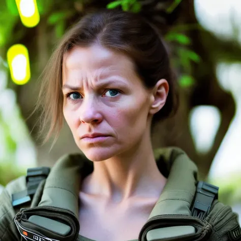 Create a photo-realistic portrait of a brave and resourceful woman as she uses her intelligence and cunning to outsmart the alien invaders. Use advanced photography and image editing techniques to perfectly capture her expression and posture, and incorporate elements of her surroundings or environment to add context and visual interest to the image. Make sure the image has high resolution and impeccable image quality to ensure a very realistic and dynamic appearance.