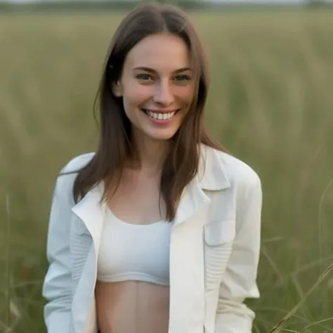  create a pretty fair-haired 23 y.o. woman in thin cotton opened jacket with no bra standing in a field of tall grass teasing with sexy look and smile and looking at the camera, 1girl, seduce smile, 3d, net panties, no bra, areols, blurry_background, breasts, day, depth_of_field, grass, lips, long_hair, looking_at_viewer, medium_breasts, navel, outdoors, photorealistic, realistic, solo, standing, tree, uncensored, (perfect beautiful face)