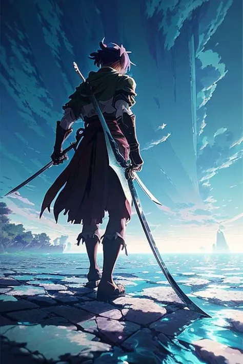 ((masterpiece, best quality)), (extremely detailed CG unity 8k wallpaper, masterpiece, best quality, ultra-detailed, best shadow), (detailed background), (beautiful detailed face, beautiful detailed eyes), High contrast, (best illumination, an extremely delicate and beautiful), (anime girl:1.2), ((anime girl with a katana walking on water, ripples, backdrop of dawn, backshot, saturn in the background, low angled illustration from demon slayer, concept art, anime, key visual, trending pixiv fanbox by wlop and greg rutkowski and makoto shinkai and studio ghibli )), ((caustic)), dynamic angle, beautiful detailed glow,